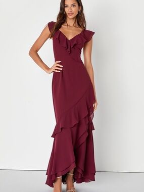NWT Lulus Burgundy Asymmetrical Ruffled Maxi Dress M Wedding Event Prom Formal